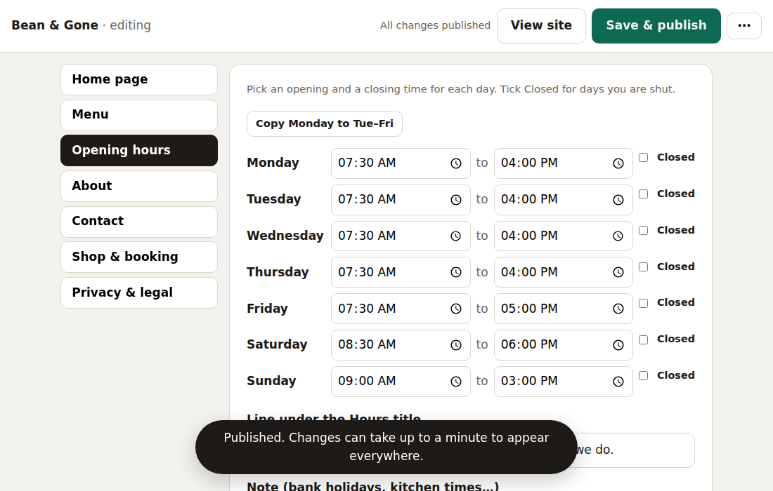 The editing panel with the opening hours tab open