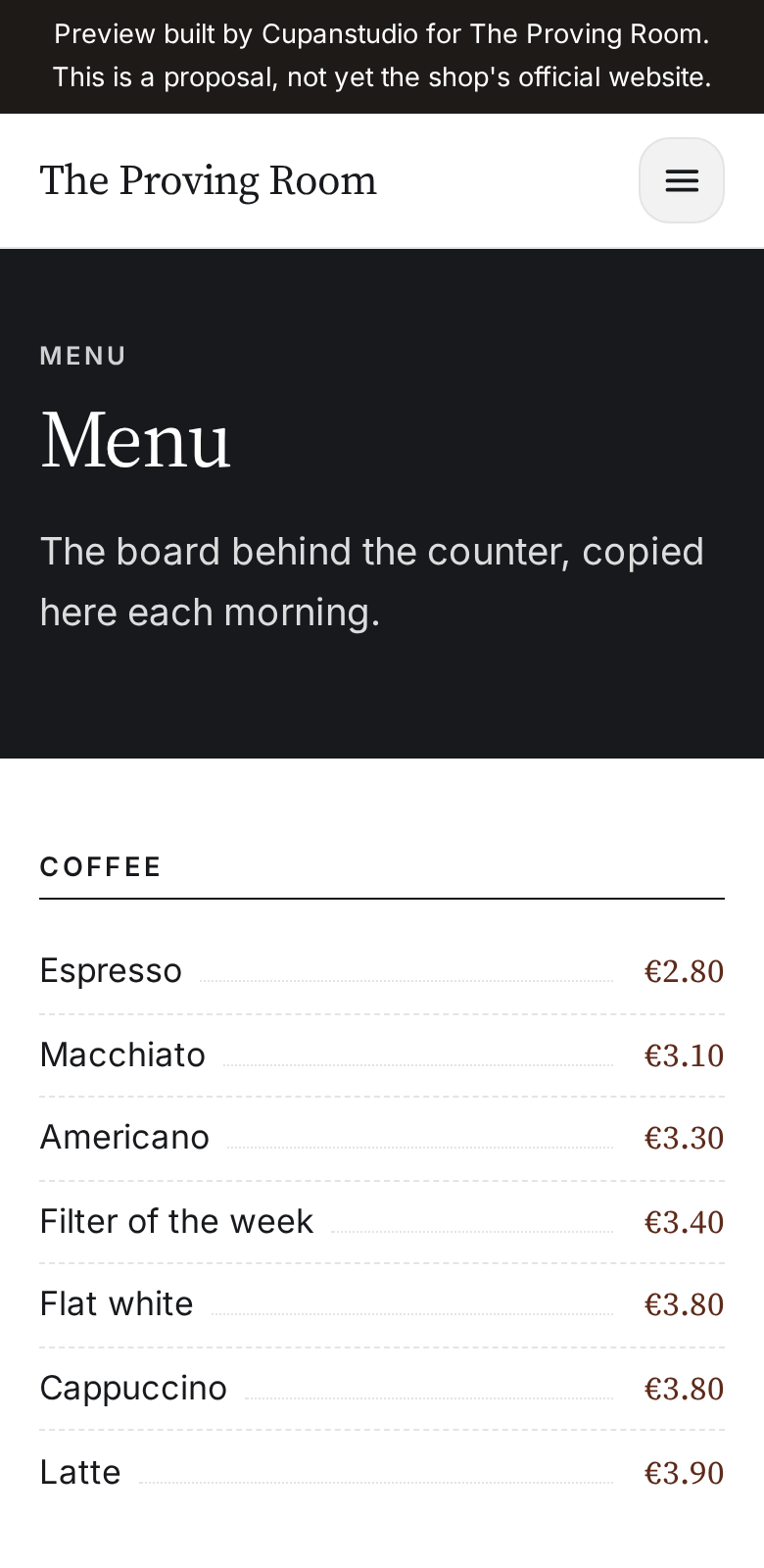 A forty-item menu on a phone, name on the left and price on the right of every row