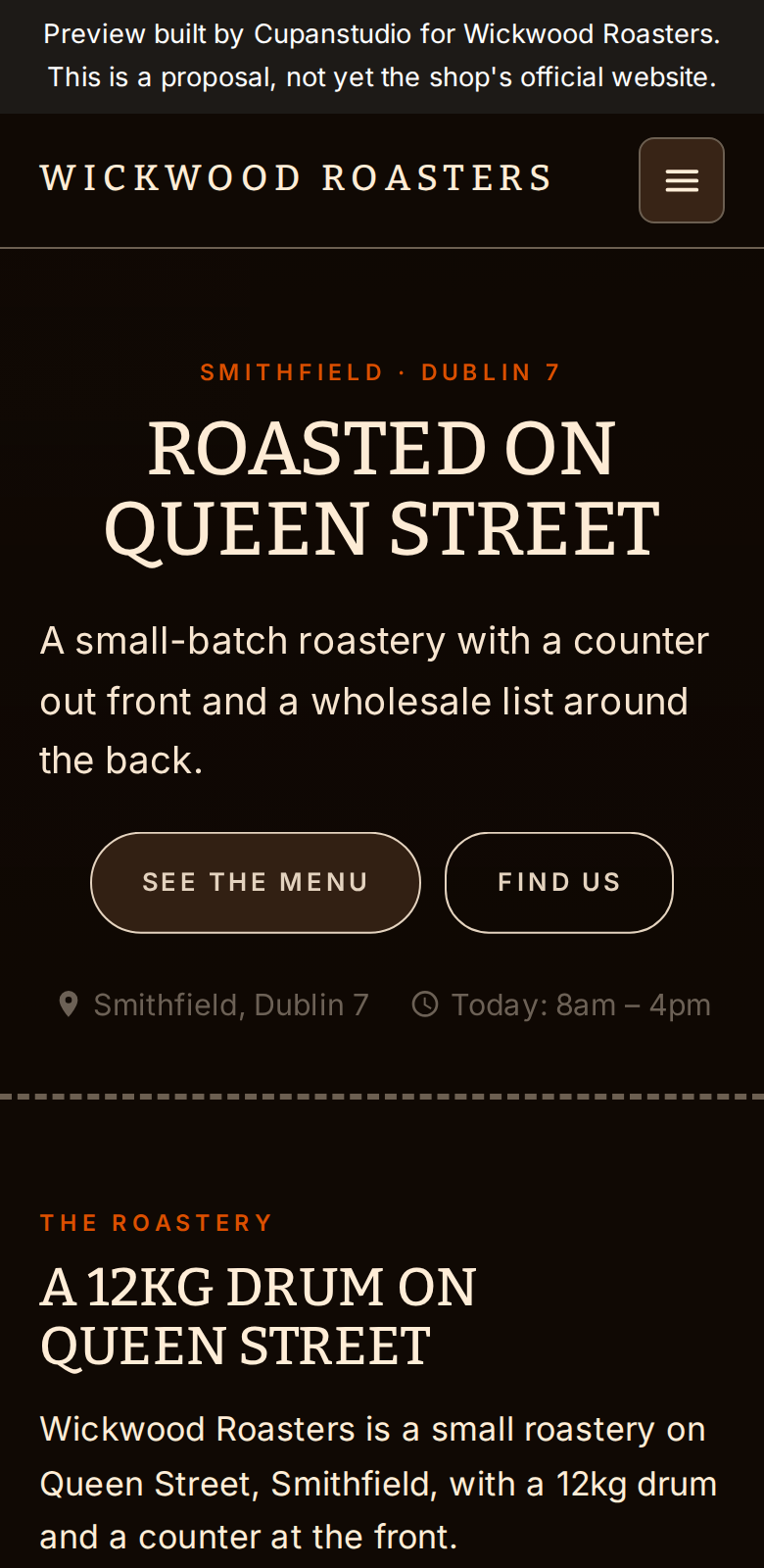 The Wickwood Roasters demo site on a phone